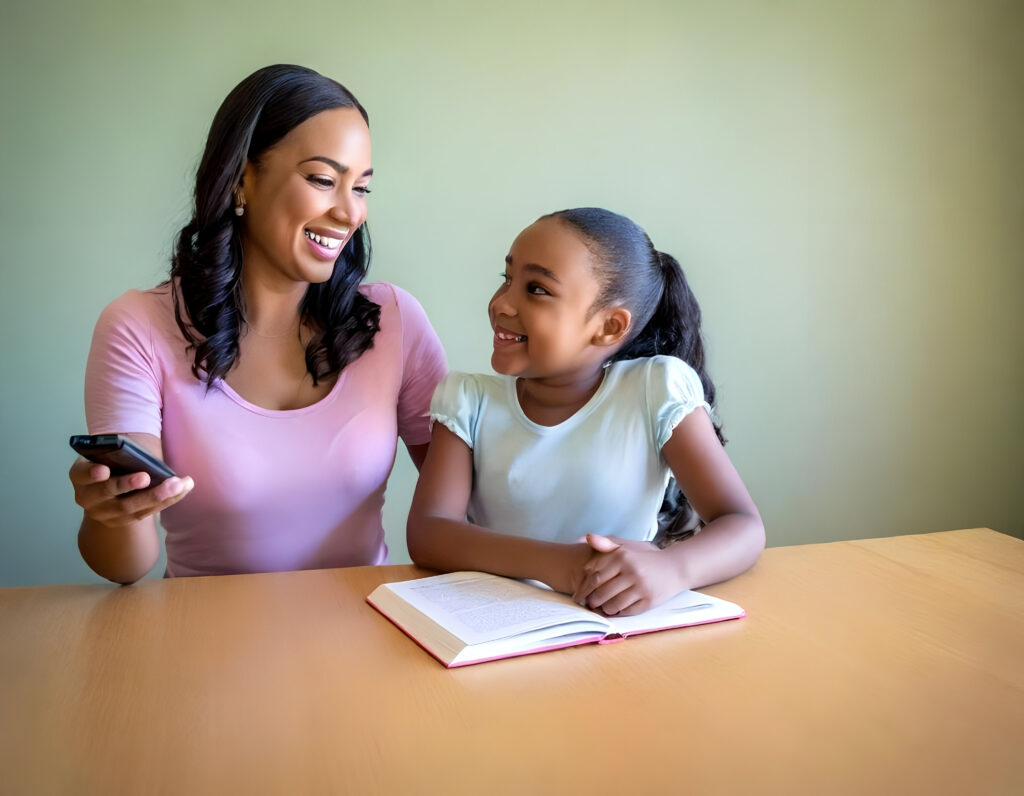 A mother and daughter trying to decide if they want to watch first or read first or jump back and forth as they go.