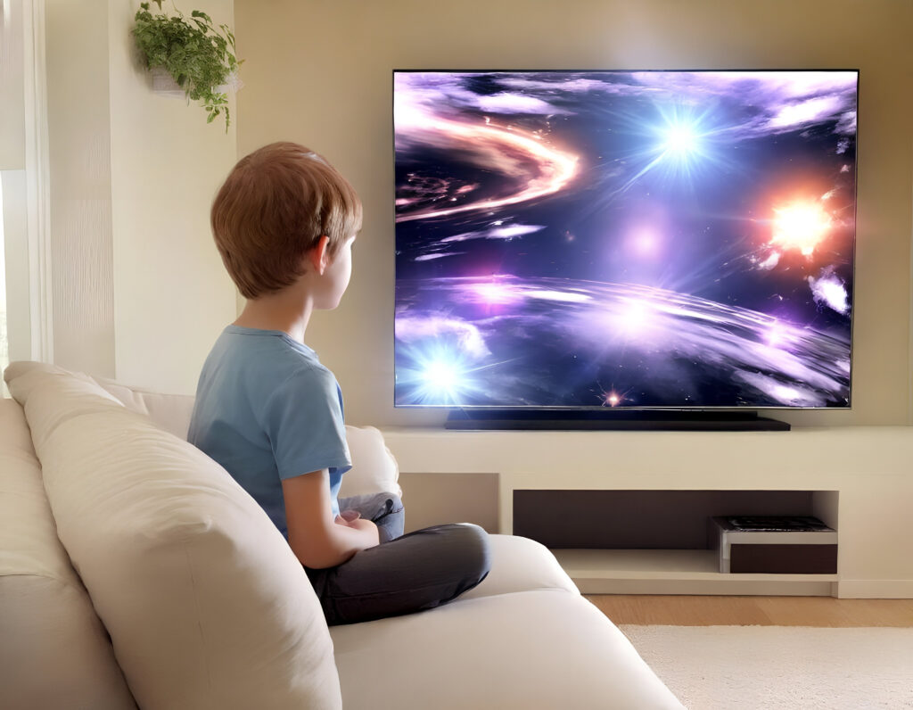 A child watching a space movie with stunning visuals, emphasizing how movies can complement and enhance visualization.